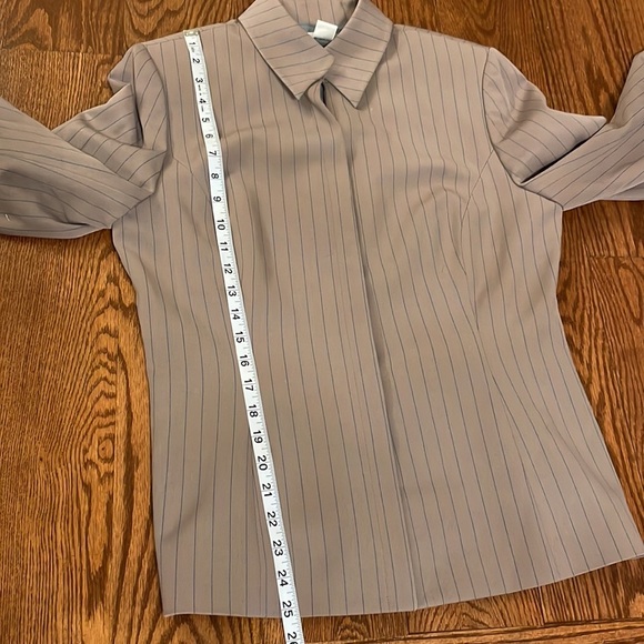 DONNA GRAY women’s blue pin stripe on taupe blazer hidden 3 button down flap 10 - Picture 11 of 12